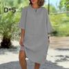 Women's Loose Cotton Linen Shirt Dress Casual 1/2 Sleeve Crew Neck Midi Dress Summer Vacation Beach Sundress