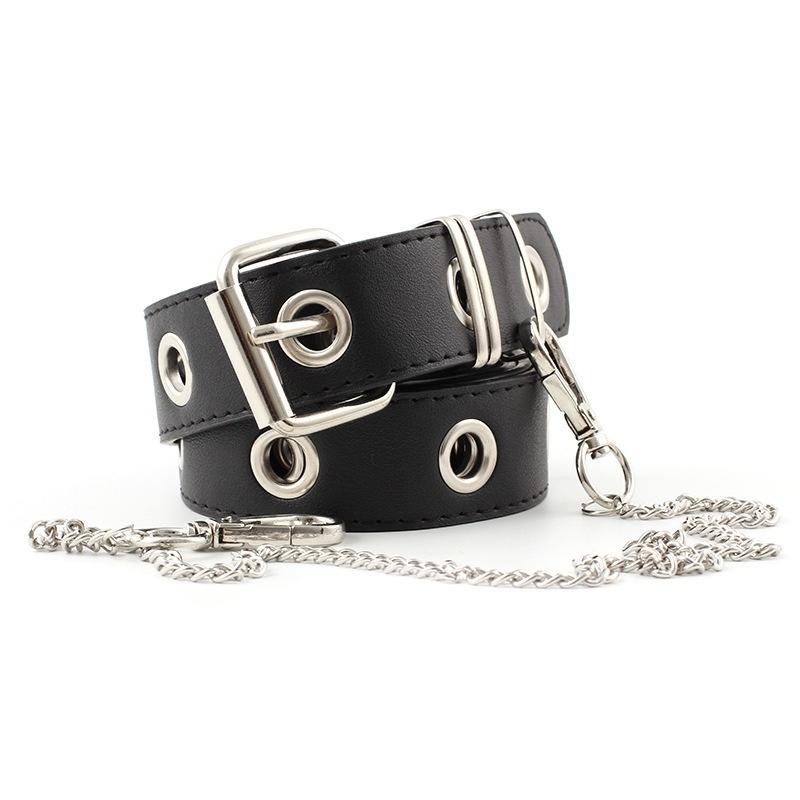 Women Punk Chain Belt Adjustable Black Double/Single Eyelet Grommet Metal Buckle Leather Waistband for Jeans