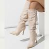 Street Style Pleated Pointed Toe Women Knee-High Boots Fashion Modern Long Booties Autumn Winter Thin Heels Female Shoes
