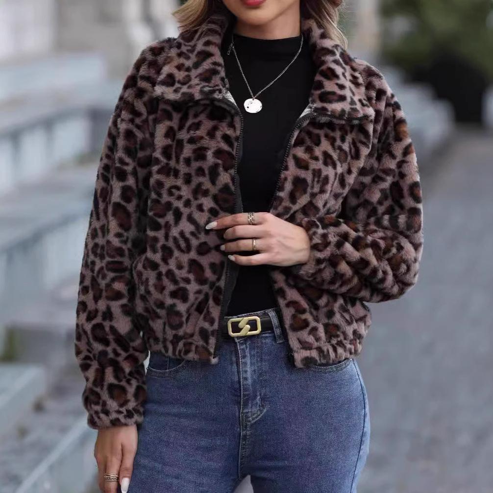 Women's Plus Size Autumn and Winter Loose Zipper Long Sleeve Leopard Print Plush Jacket