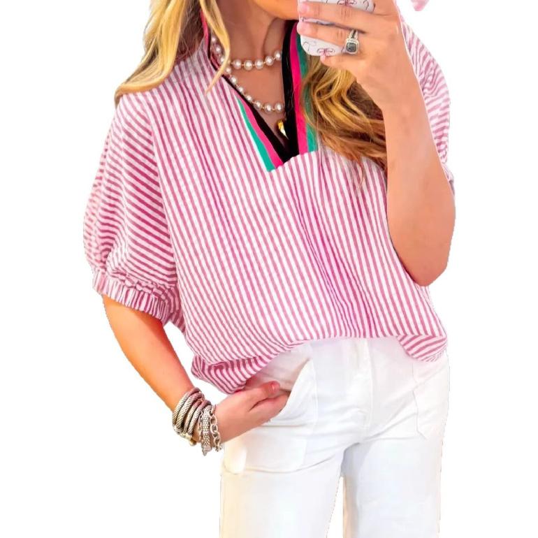 2026 Summer New Loose Casual Striped V-Neck Contrast Color Short Sleeve Women's Top