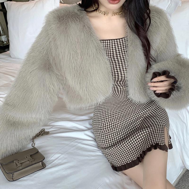 2024 Осень Винтаж Лисий Мех Короткие Пальто Женские Зимние Новые Модные Длинные Рукава Плюшевые Куртки Женские Топы Элегантные Свободные Мягкие Теплые Женские Куртки Пальто 25320