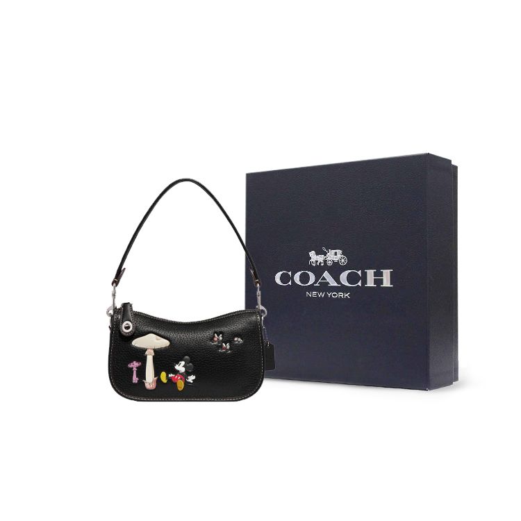 Coach X Disney Collaboration Swinger 20 Mickey Mushroom Print Zipper Closure Leather Shoulder Bag Women Handbags Black CH500-LHBLK