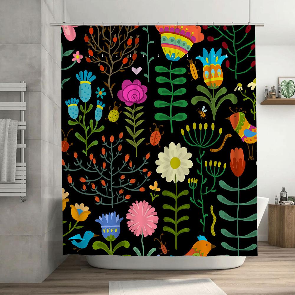 Colorful Shower Curtain with Floral Patterns Decorative Bathroom Accessories for Home Decoration Black Background with Flowers
