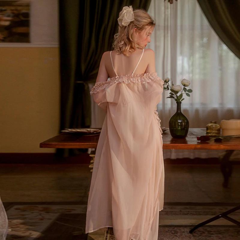 Сексуальная Пижама Женская Повседневная Одежда Весна и Лето Сладкое Платье-Пижама Сет Сетчатое Кружевное Сексуальное Ночное Платье