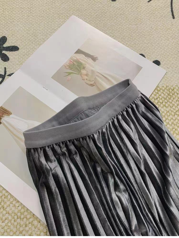 Women's High-Waisted Gold Velvet Pleated A-Line Long Skirt