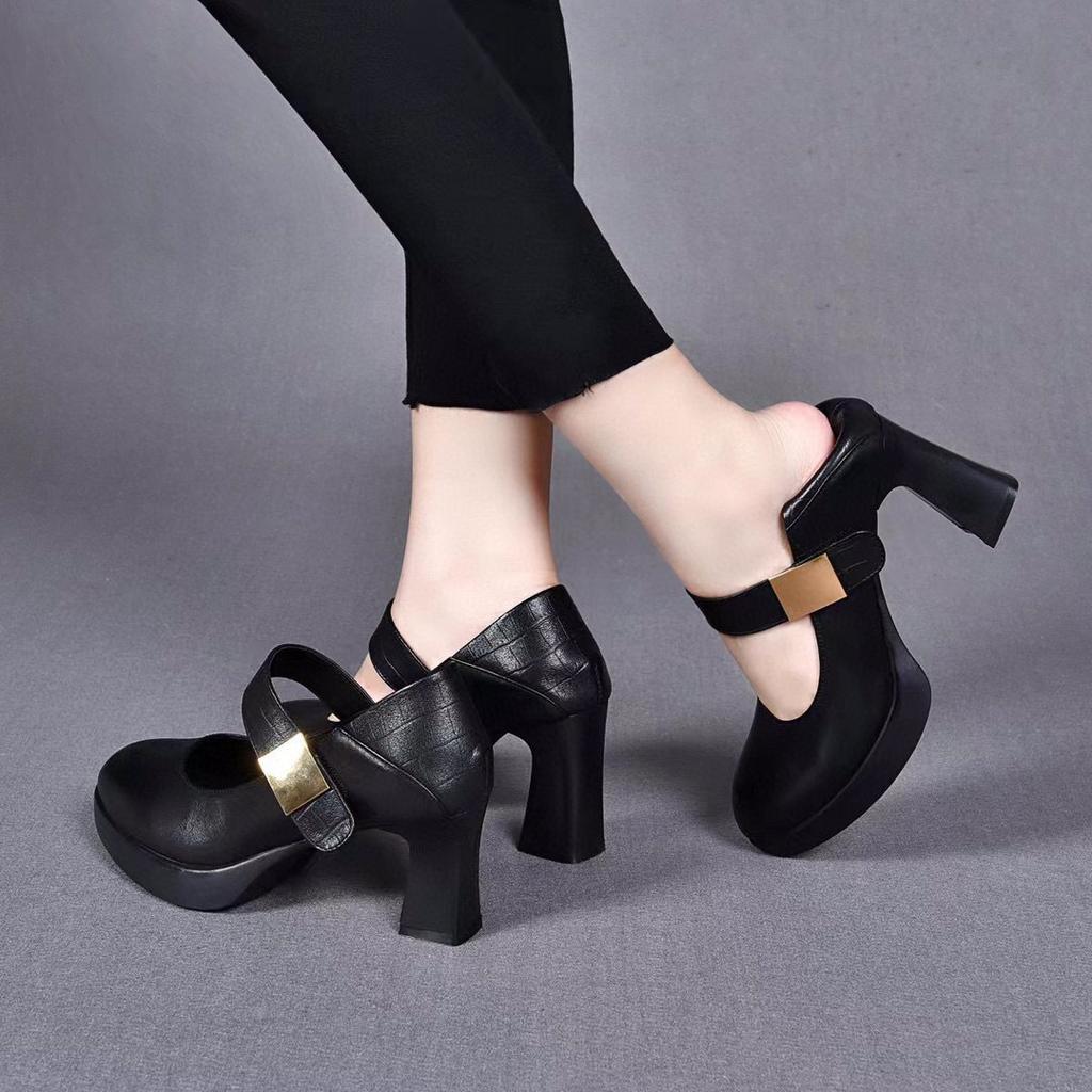 High Heels Women's Shoes 2025 Spring New British Style Pointed Waterproof Table Thick Heel Buckle Single Shoes Cowhide Fashion Shoes
