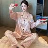 New Spring and Autumn Women's Ice Silk Premium Feeling Pajamas Homewear Set Girls Pink Leopard Print Silk Pajamas Homewear Set