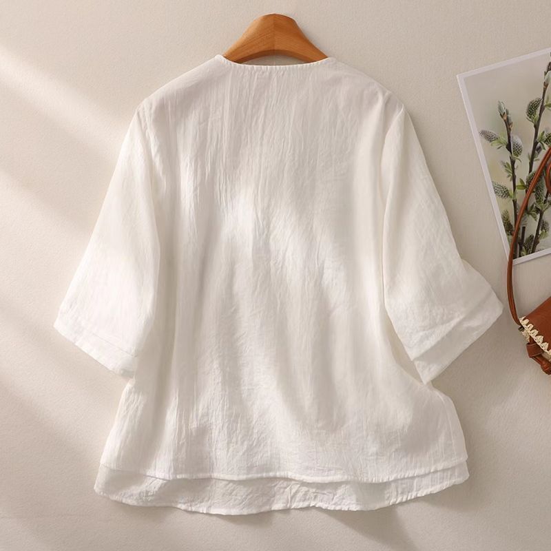 Retro button-up new Chinese embroidered cotton and linen shirt literary women's spring and summer small cardigan short top