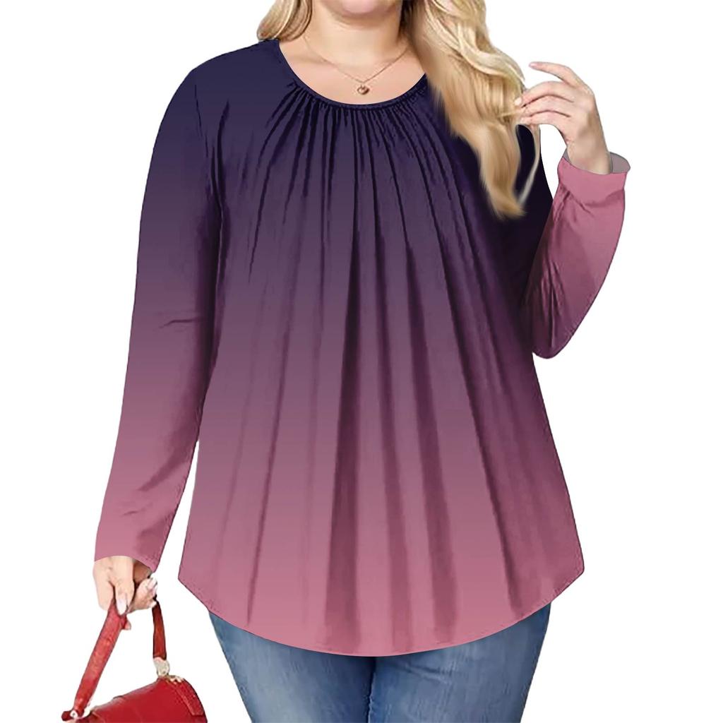 Женский модный топ большого размера с принтом, повседневный плиссированный, с круглым вырезом и длинными рукавами