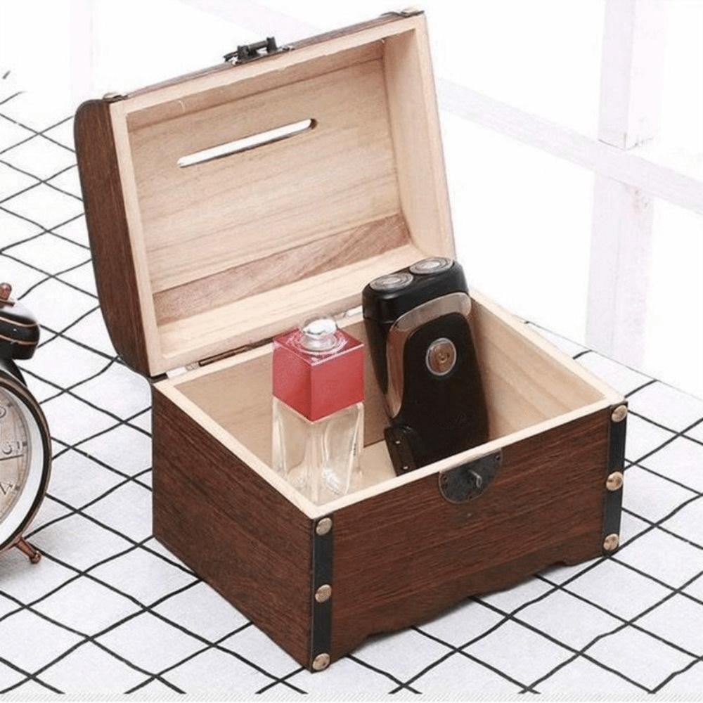 Retro Wooden Creative Decorative With Lock Storage Box Money Saving Box Treasure Box Coin Boxes