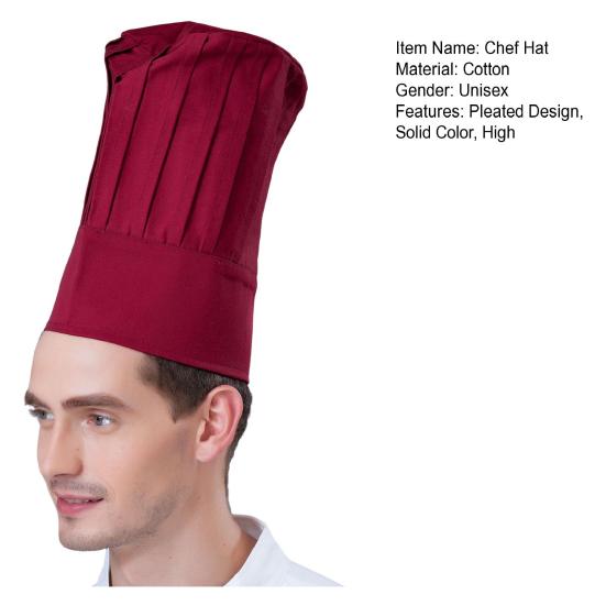 Chef Hat Unisex Kitchen Hat Hotel Restaurant Cook Cap Pleated Design Solid Color Waiter Chef Work Cap Topper Hat