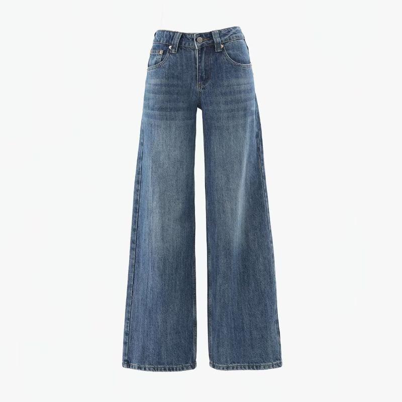 Retro American Blue Straight Leg Jeans Women's Spring Autumn High Waist Loose Wide Leg Floor Length Pants Design Sensation Niche