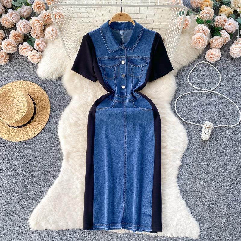 Темпераментные женские тонкие винтажные джинсовые платья средней длины с сочетанием цветов