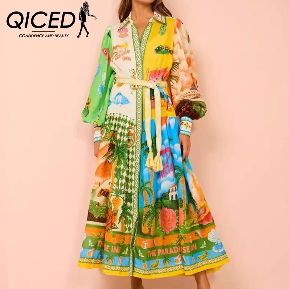 QICED Однобортное платье с длинными рукавами-фонариками и принтом граффити на шнуровке на талии