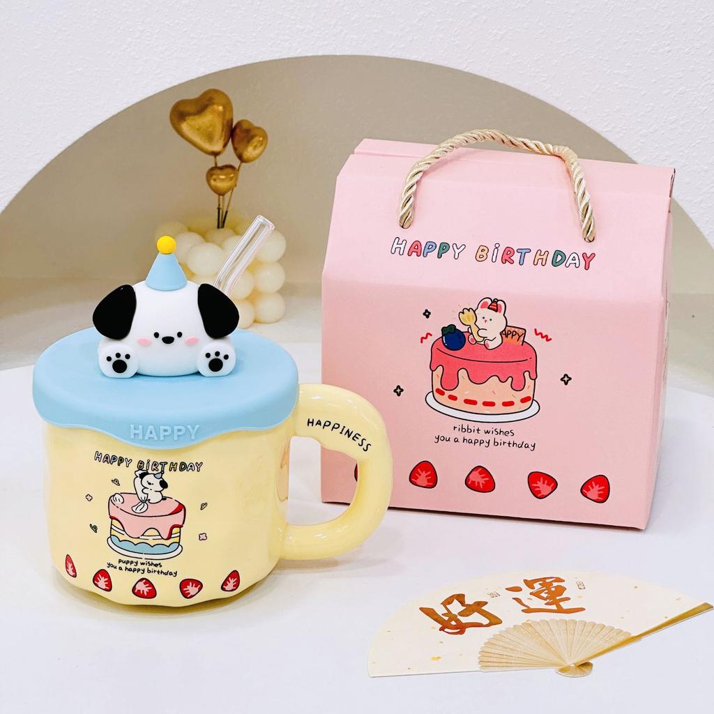 Mug Cute Cup with Lid Ceramic Breakfast Couple Coffee Cup Girl Creative Office Water Cup Straw Cup