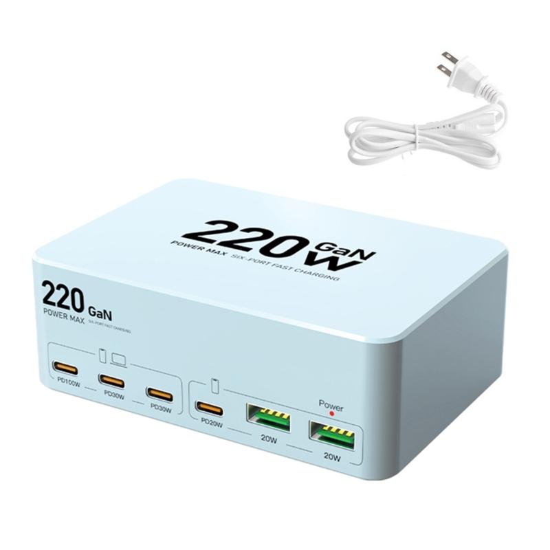 Multi Port Fast Charging Station 220W Power Adapter with Type C & USB Port Allows 6 Devices Simultaneously Charging