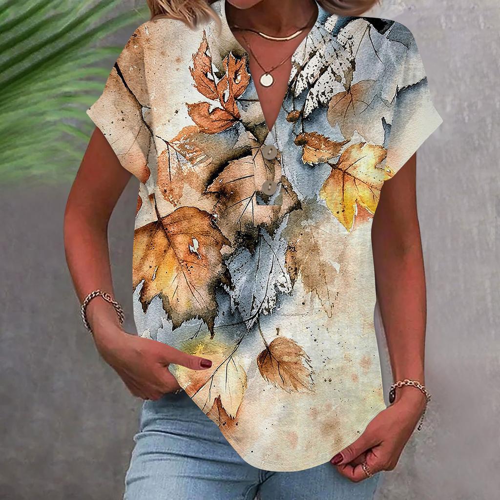 Женская модная повседневная рубашка с v-образным вырезом и коротким рукавом с принтом, футболка на пуговицах, топ
