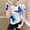 Western Butterfly Print Short Sleeved Women's Fashionable Ice Silk Mesh Top Slim Fit Versatile T-shirt