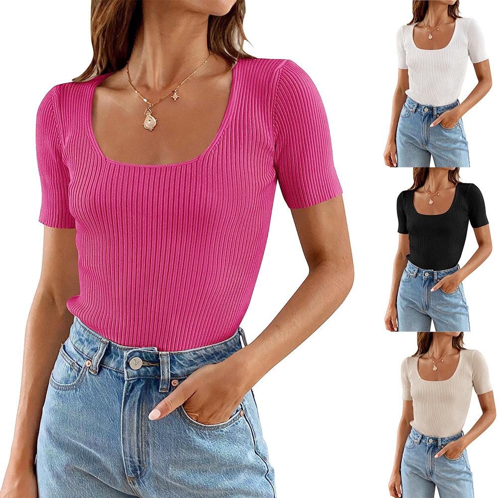 2025 летняя новая женская одежда женская U-образная горловина низ облегающий базовый короткий рукав