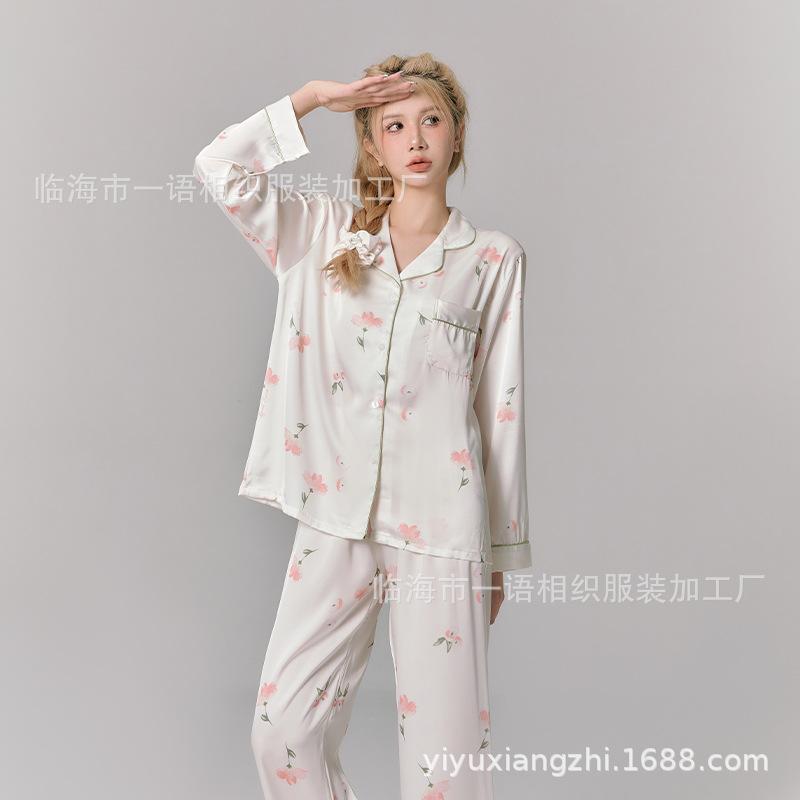 New peony double long hair ring lapel pajamas women's Douyin Internet celebrity hot casual comfortable loungewear set