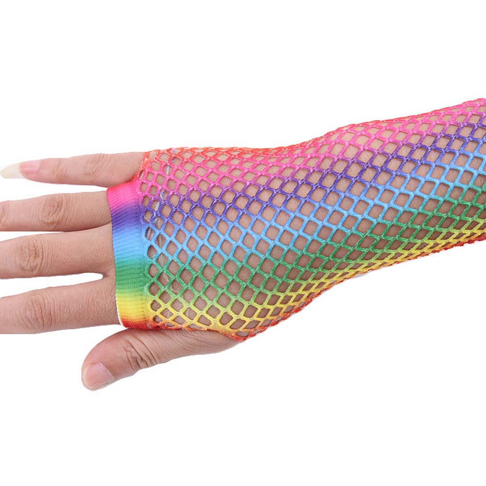 Party For Women Girl Long Half Finger Nylon Rainbow Color Gloves Fishing Net Gloves Arm Sleeves
