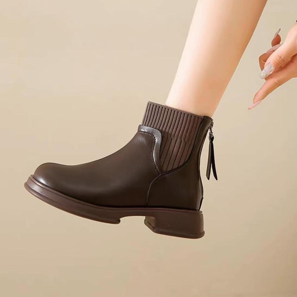 British Style Thick Soled Sock Boots with Back Zipper Martin Boots, Women's Autumn and Winter New Style Stylish Chelsea Short Boots