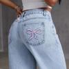 European and American Spring and Autumn Bow Embroidered Jeans for Women High Waist Straight Trousers