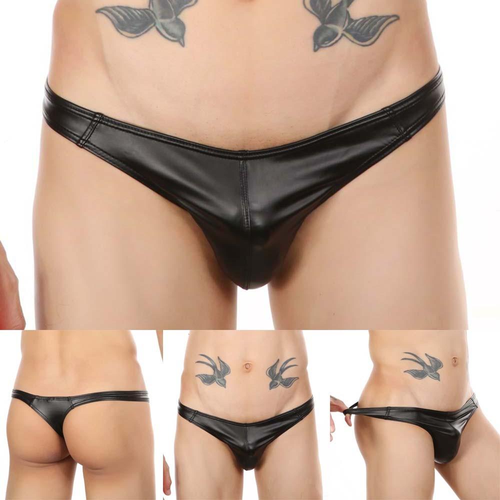 Mens Faux Leather Briefs Lingerie G-String Thongs Underwear Sexy Low Rise Bikini