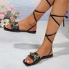 Женская обувь Шнуровка Женские сандалии Модные металлические украшения Повседневные сандалии Женские Новые Большого размера Сандалии на плоской подошве