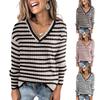 Women's Striped Color-blocked V-neck Pullover Long-sleeved Knit Top