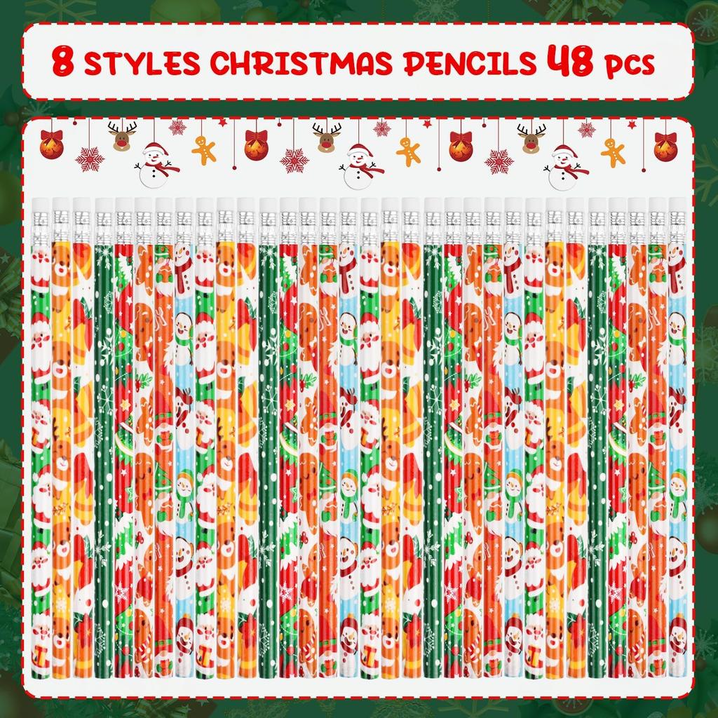 Christmas Pencils with Eraser, 48pcs Xmas Themed Pencil with Santa Claus, Elk, Christmas Tree and Snowflake for Kids Children Christmas Party