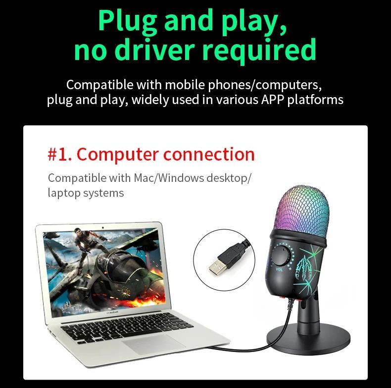 Usb Condenser Microphone With Rgb Lighting, Plug &amp; Play Pc Microphone For Gaming, Streaming, Podcasting On Ps5/ps4, Computer With Noise Reduction 