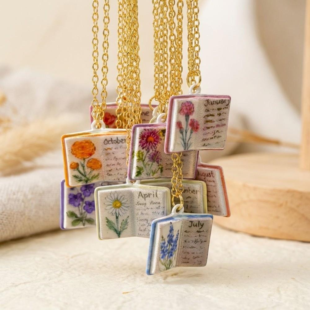 Flowers Birthday Necklace Month Design Sense Necklace Vintage Book Pendant Necklace Jewelry