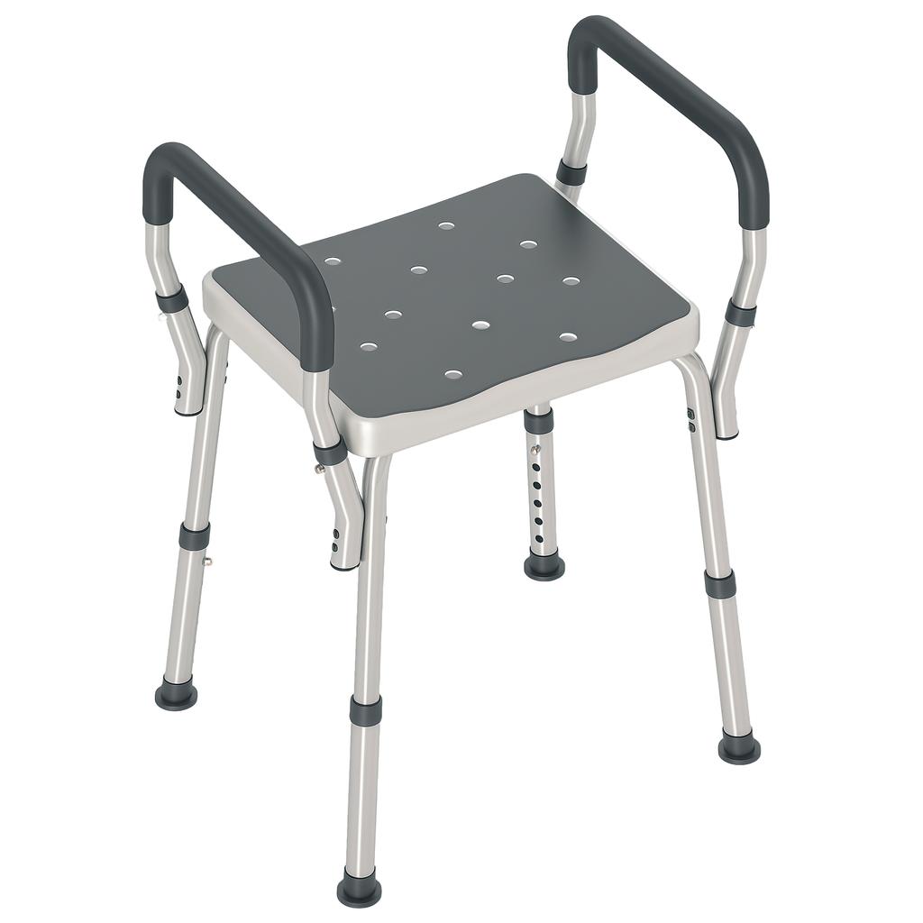 Shower Stool, Armrests, Height Adjustable, Non-Slip Feet, Grey