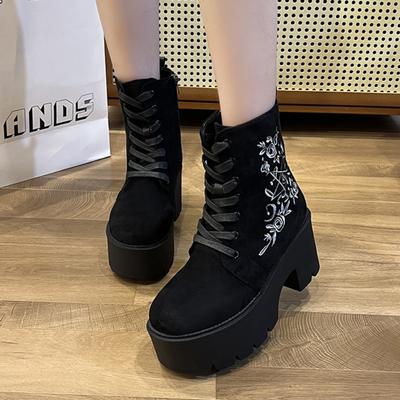 Женская обувь на распродаже Новые женские ботинки на шнуровке Зимние с круглым носком Однотонные Короткие ботинки-трубы на платформе на массивном каблуке Модные ботинки