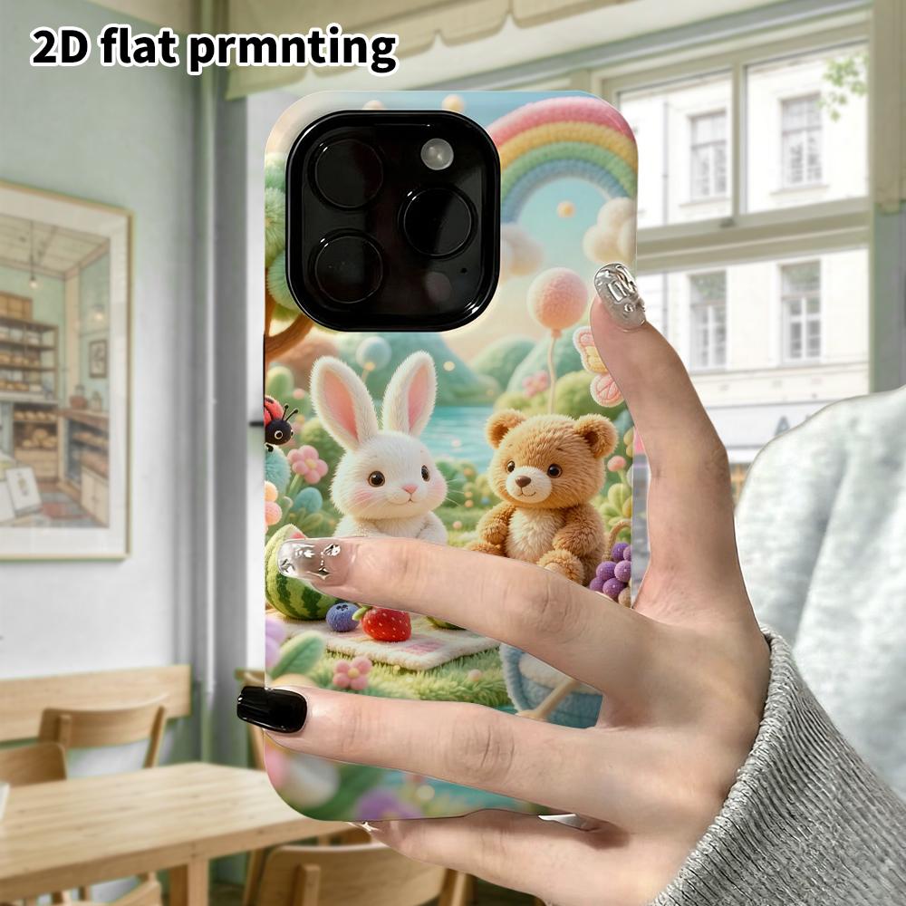 Phone case: 2D flat, suitable for iPhone 18, 17, 16, 15, 14, 13, 12 Pro protective case, picnic rabbit and little bear, perfect Christmas and Hallowee