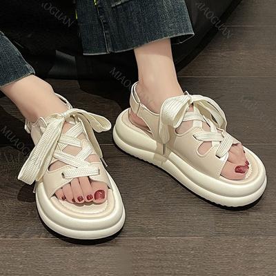 Модные спортивные сандалии на толстой подошве, женская летняя обувь, полые дышащие сандалии на ремешках в римском стиле, бежевые, черные, на плоской подошве, для отдыха, с мягкой подошвой