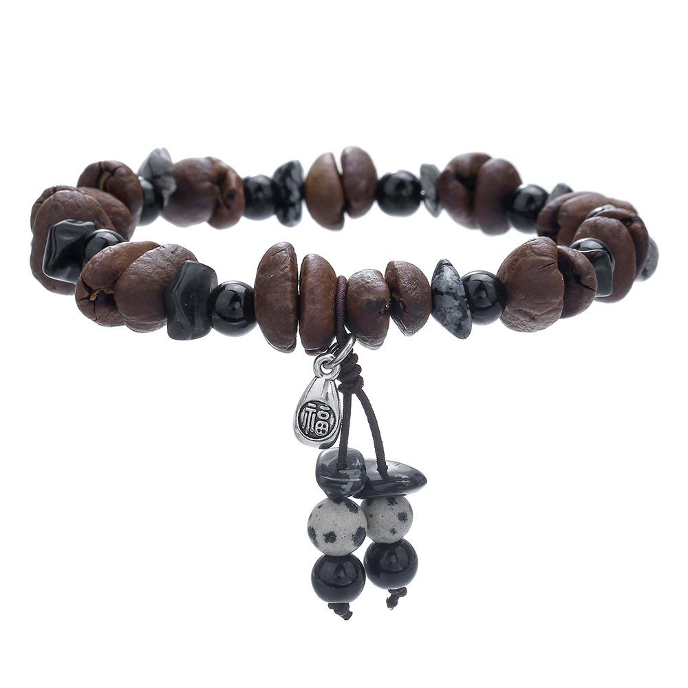 Handmade Natural Real Coffee Bean Bracelet Elastic Sandalwood Coconut Chip Wood Splicing Woven Jewelry Bracelet for Women