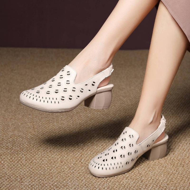Summer New First-layer Cowhide Bag Head Breathable Thick Heel Middle Heel Hollow Sandals Retro Classic Versatile Elegant Shoes