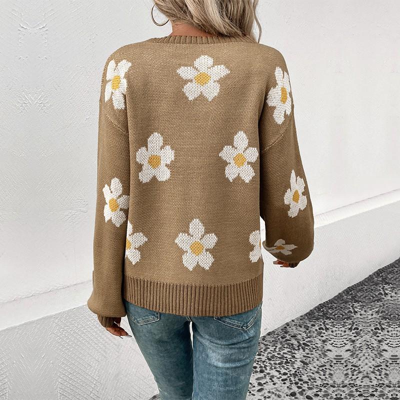 Womens Winter Floral Jacquard Knit Sweater Loose Fit Long Sleeve Casual Pullover In Khaki Blue Green Gray