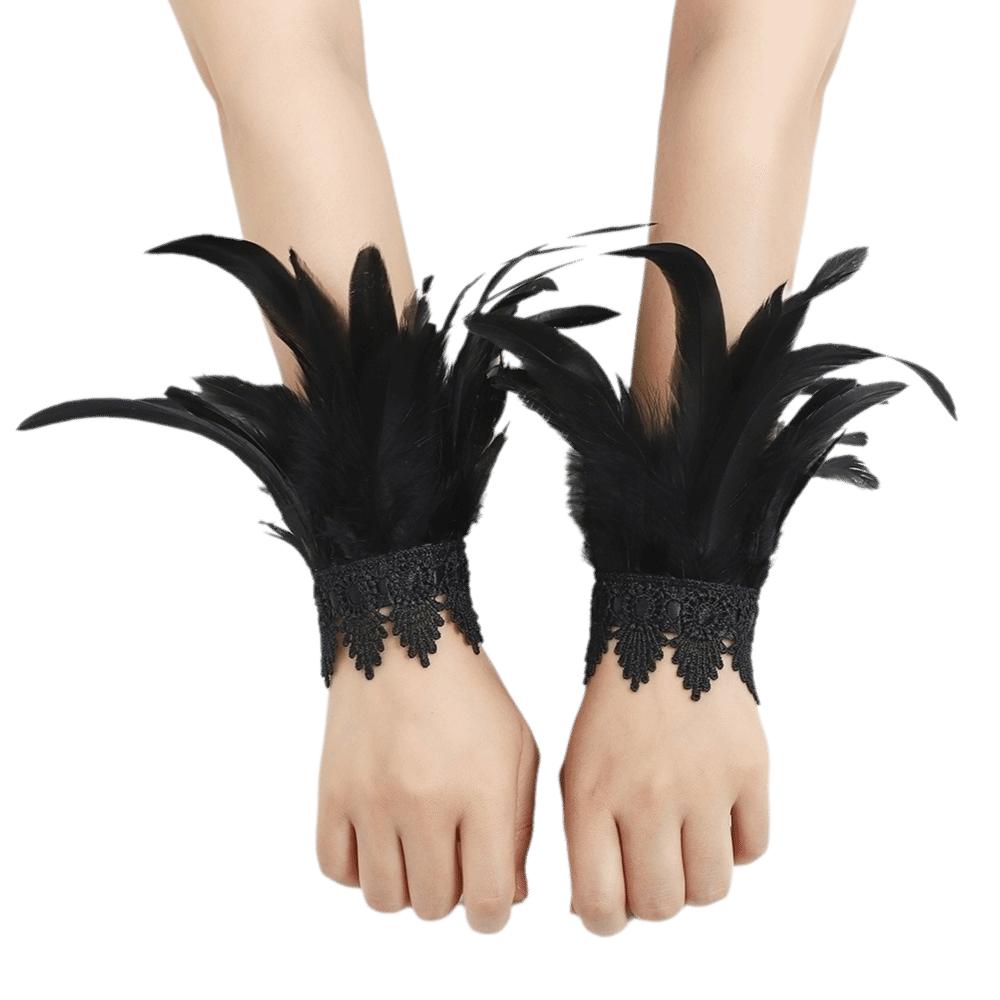 Black Lace Fluffy Feather Wrist Cuffs Lightweight Plume Bracelet Halloween Arm Cuff Gloves Cosplay