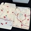 Women's Gray Ink Painting Ice Silk Pajamas Ladies Spring and Autumn Thin Long-Sleeved High-End Sleepwear Loungewear Cherry Print