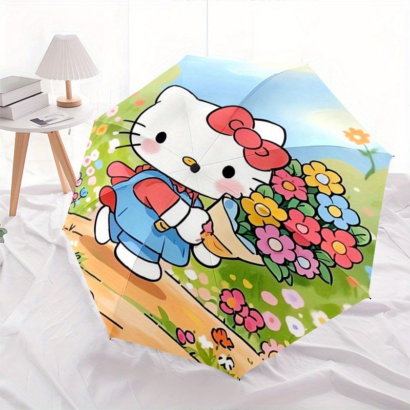 Hello Kitty,Flower Garden Automatic Folding Umbrella-Simple 8-Rib Design, Bright Cartoon Pattern, Durable Iron Frame, Suitable For Travel, O
