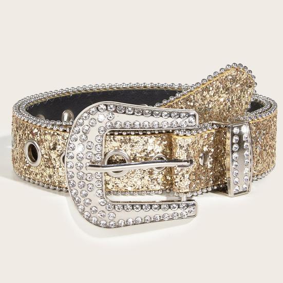 Женский джинсовый ремень с блестящими стразами и несколькими отверстиями, регулируемая длина пояса со сверкающей пряжкой, широкий пояс из сплава