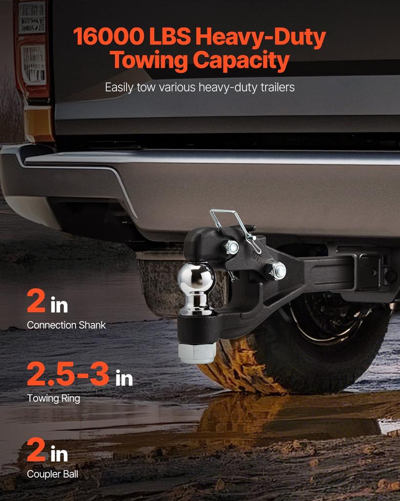 VEVOR Pintle Hook, 16000 lbs Towing Capacity, Pintle Hook Hitch for 2-inch Hitch Hook Military Receiver, Combination 2-inch Hitch Ball