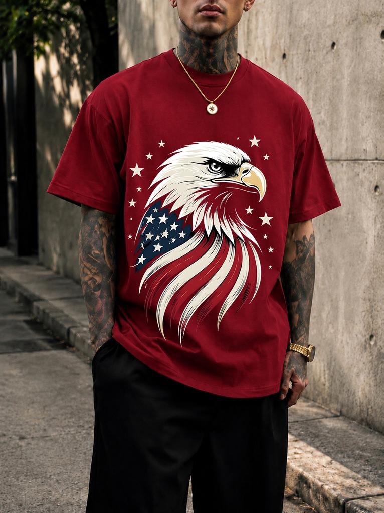 2026 New Pure Cotton Tshirt With American Bald Eagle Patriotic Print Crew Neck Short Sleeve Casual Top