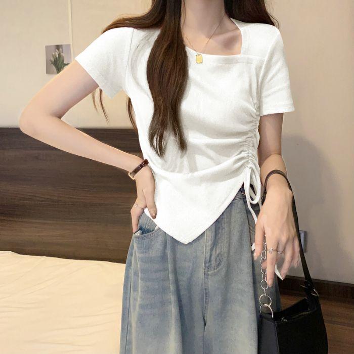 Футболка с короткими рукавами и неровной завязкой, женская летняя, большого размера, Fat Mm Thin Covering Meat Chic Sweet and Spicy, короткий топ с квадратным воротником