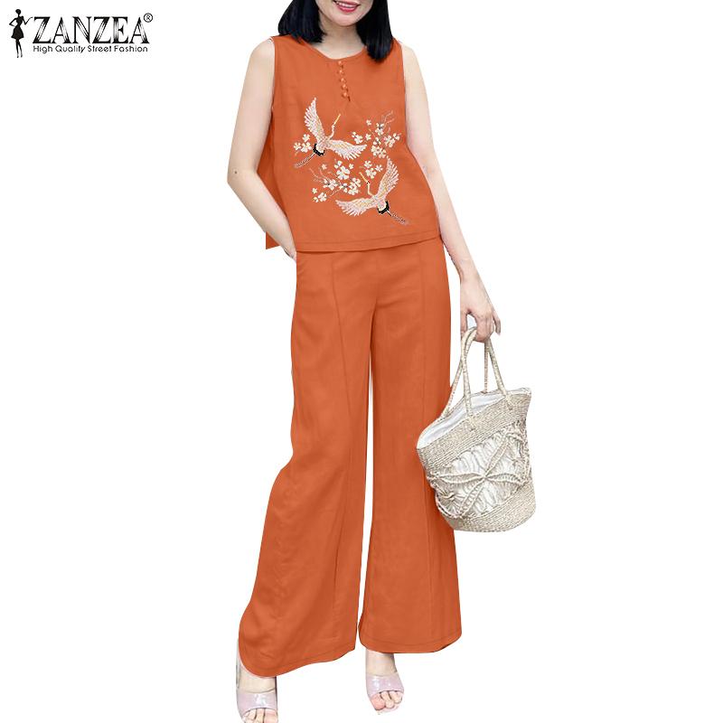 ZANZEA Женские топы и брюки с принтом, повседневные комплекты из двух частей