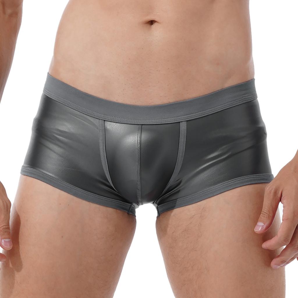 Men Low Waist Faux Leather Boxer Shorts Sports Swimming Trunks Swimwear Bulge Pouch Underpants Underwear